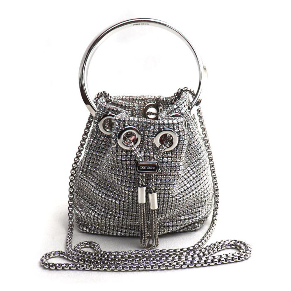 JIMMY CHOO Micro Pom Mini Bucket 2-Way Shoulder Bag, Silver, Women's
